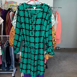 Merona Green and Black Patterned Long Sleeve Dress